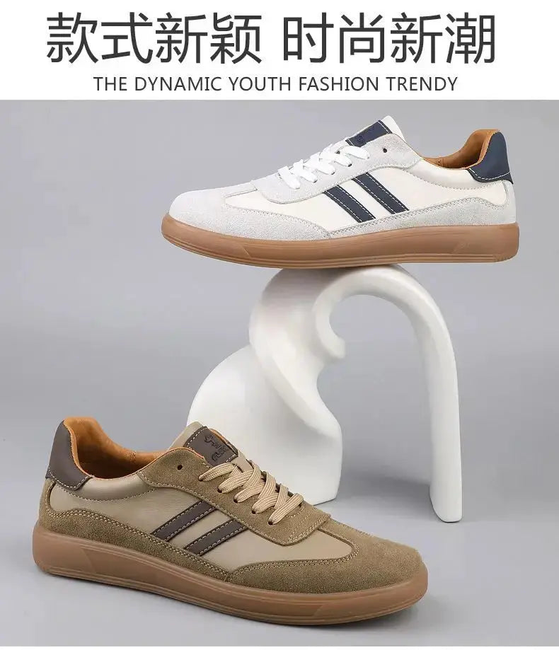 Men's leather sneakers by Simples Market, two colorways: white/navy and tan suede, with non-slip gum soles