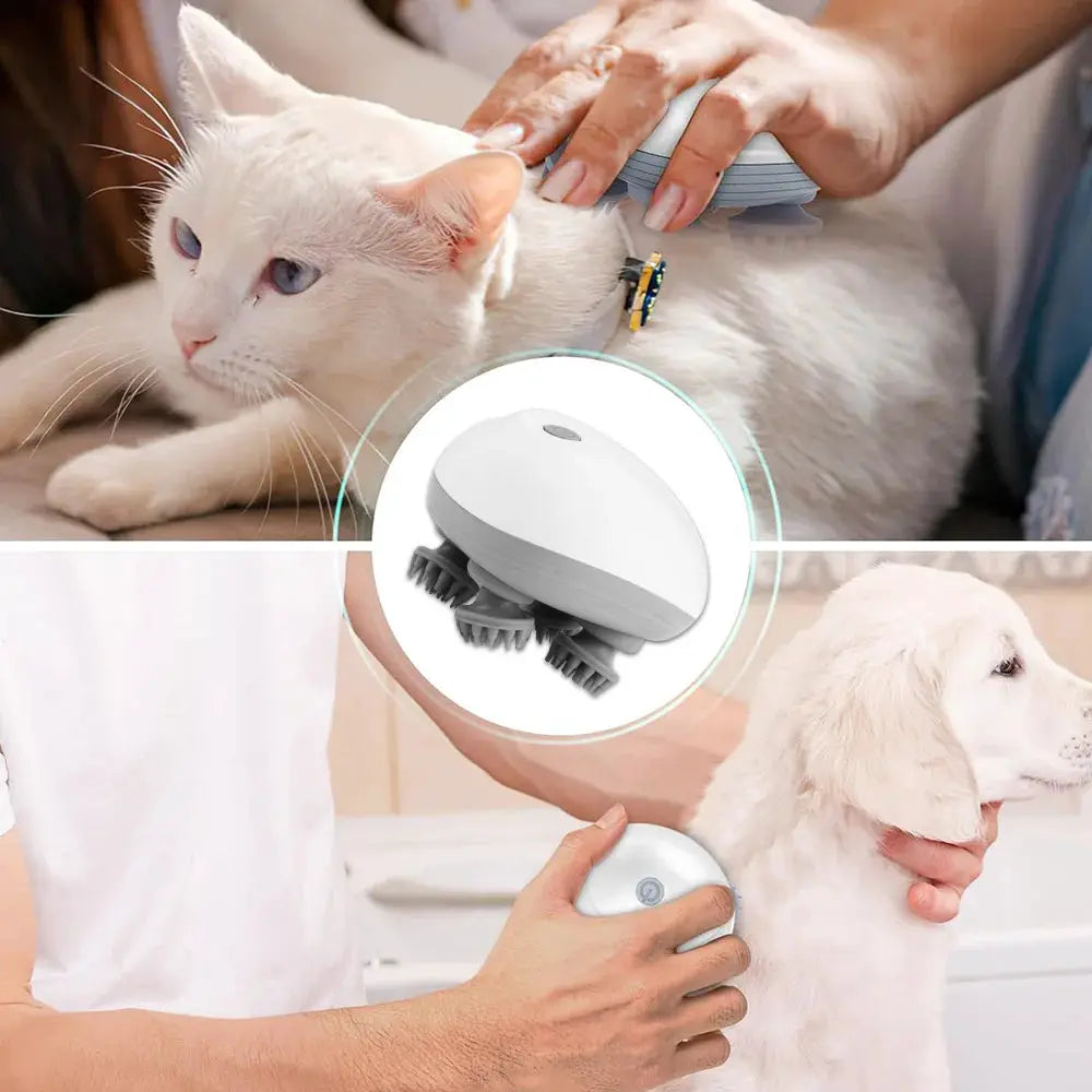 Simples Market electric head scalp massager with 4 kneading heads; white device shown on two pets, a cat and a dog.