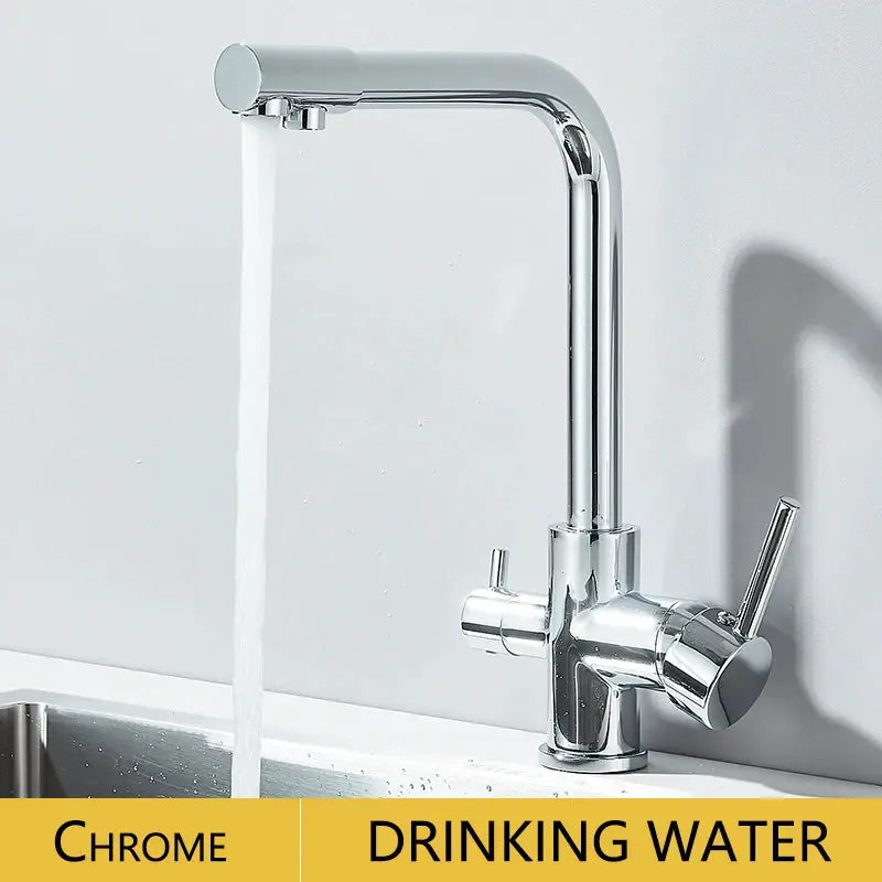 Simples Market chrome kitchen faucet with tall gooseneck spout, single-handle side lever, drinking water filter