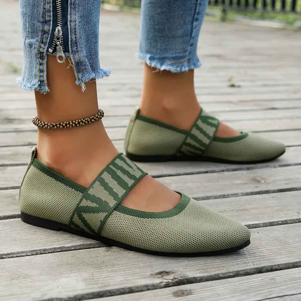 Knitted Color Block Women Flat Shoes Pointed Toe Ballet Flats