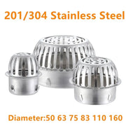 Simples Market stainless steel floor drain set (3 pcs) with round anti-blocking domed grates; sizes 50–160 mm