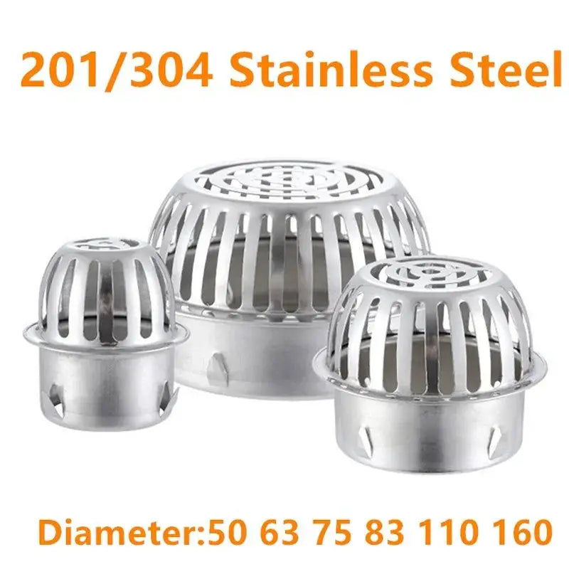 Simples Market stainless steel floor drain set (3 pcs) with round anti-blocking domed grates; sizes 50–160 mm