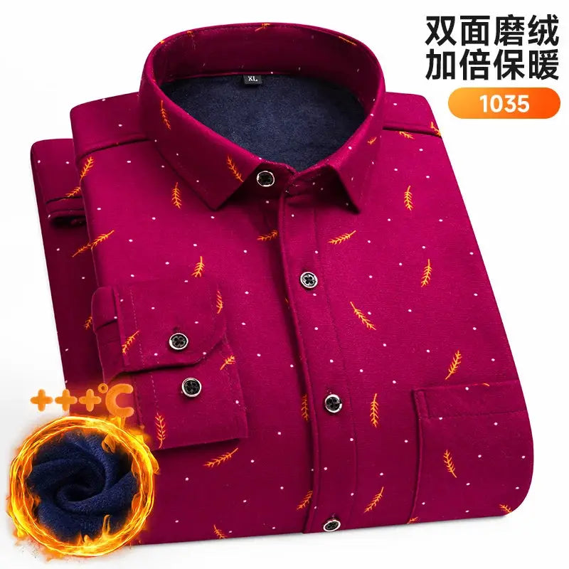 Men's long-sleeve double-sided fleece shirt, plus-size 7XL–8XL, magenta with white dots and orange feather accents