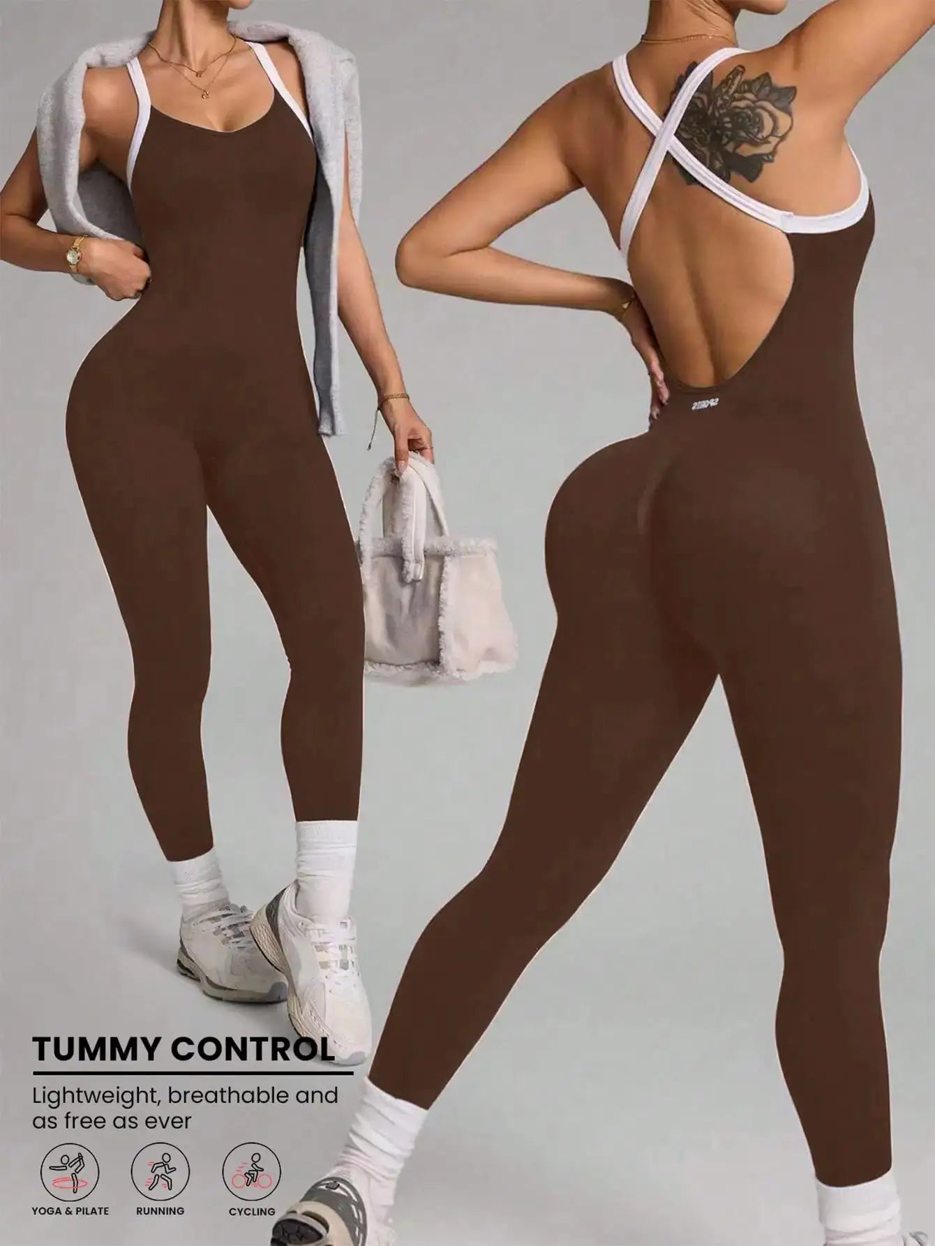 Simples Market brown seamless yoga jumpsuit with white cross-back straps, breathable and fitness-ready