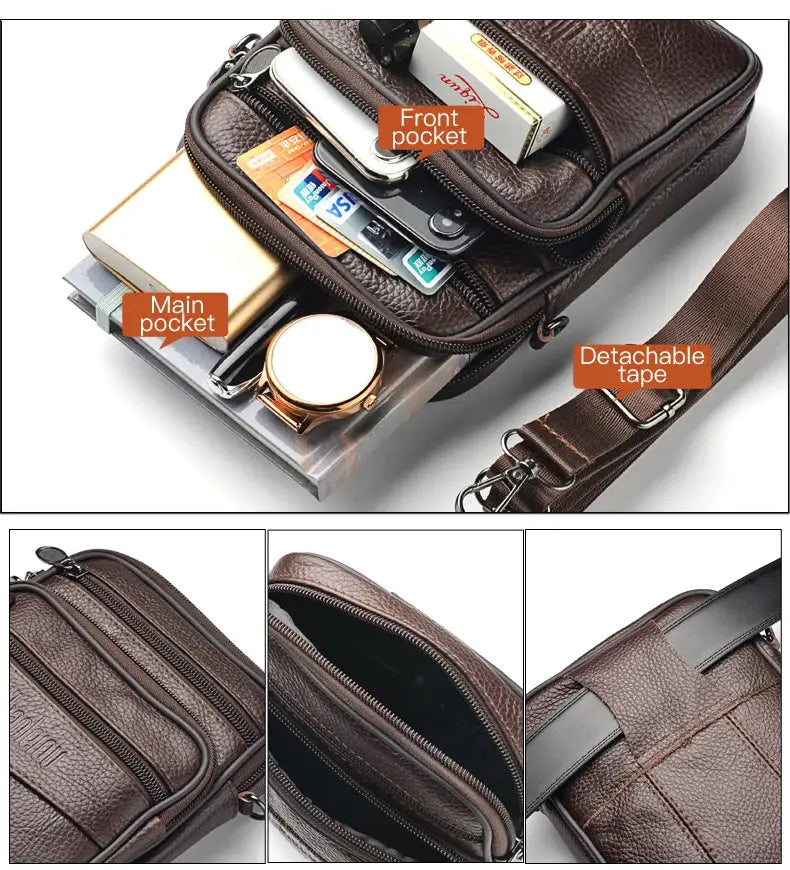 Men's genuine leather crossbody bag by Simples Market; brown retro business messenger with multiple zipper pockets
