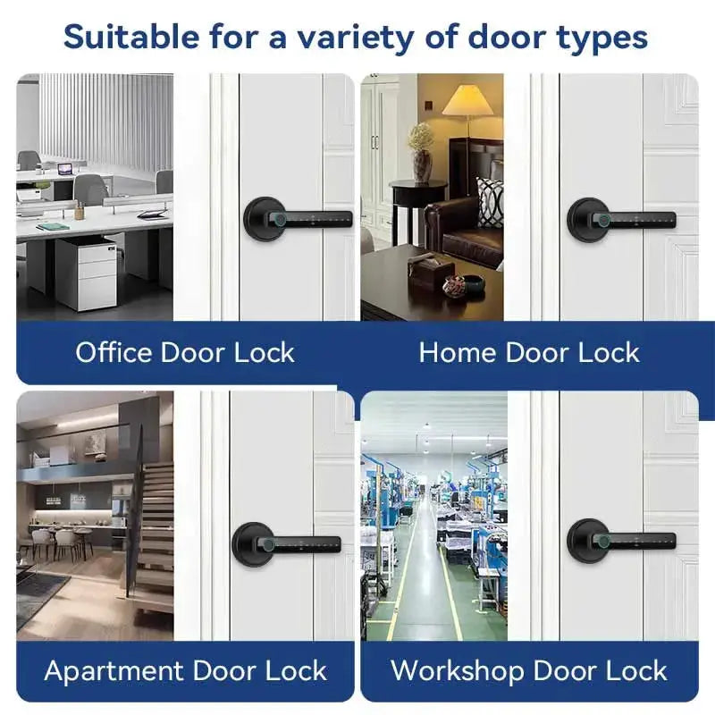 Tuya smart door lock handle with fingerprint and keypad, black finish for office/home/apartment/workshop doors — 4 types