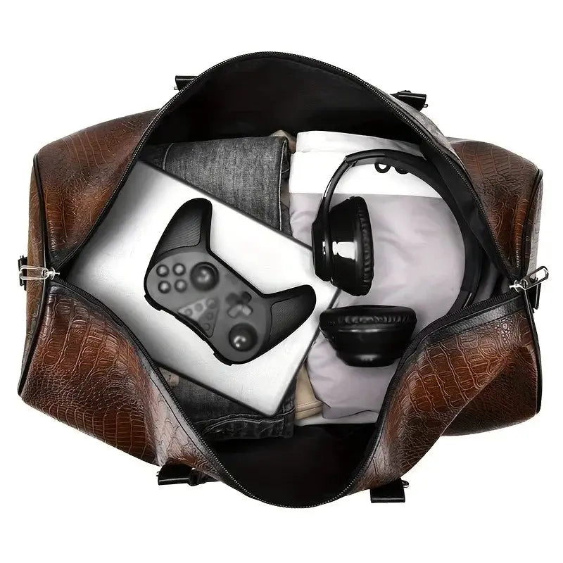 Large-capacity retro crocodile-textured travel duffel bag by Simples Market, contains clothes, headphones, and controller