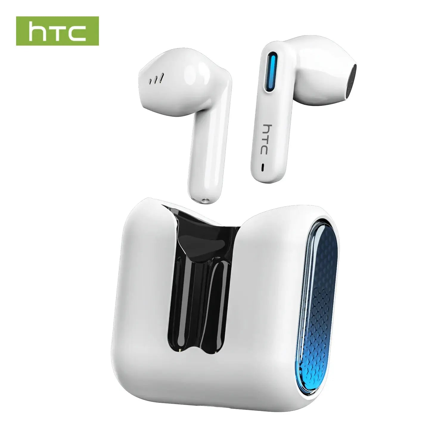 HTC NE49 wireless earbuds, white with blue-accent charging case (pair)