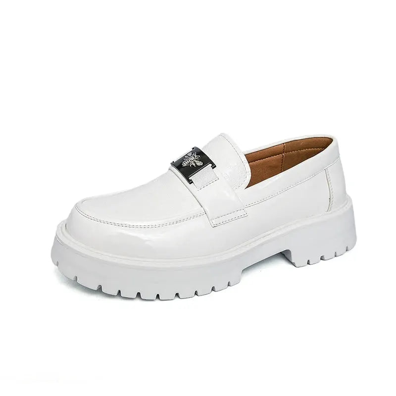 White leather men's slip-on loafer with chunky sole and bee-emblem strap by Simples Market