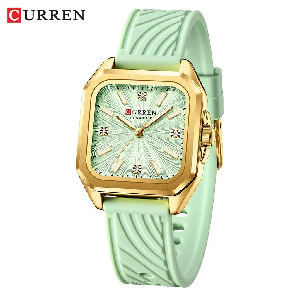 CURREN 9113 stylish ladies' quartz watch with gold-tone square case, mint-green dial and mint silicone strap