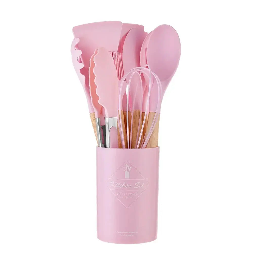 ChefGlow 12-Piece Silicone Kitchen Utensil Set With Nonstick Heat-Resistant Heads And Wooden Handles
