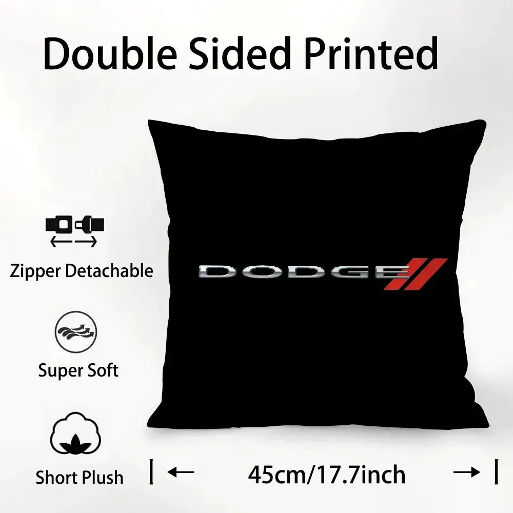 Dodge car logo pillow cover in black plush fabric, double-sided print with detachable zipper.