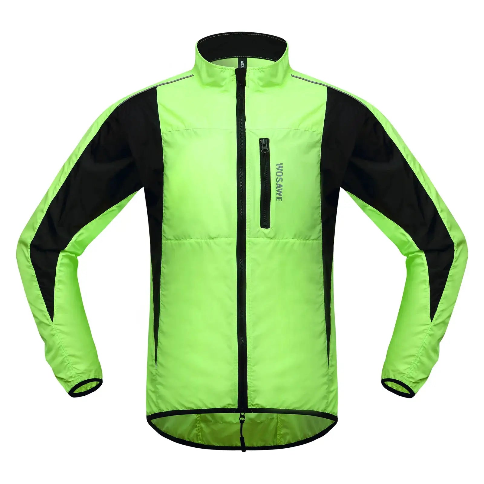 WOSAWE neon-green windproof cycling jacket with black panels, long sleeves and reflective accents