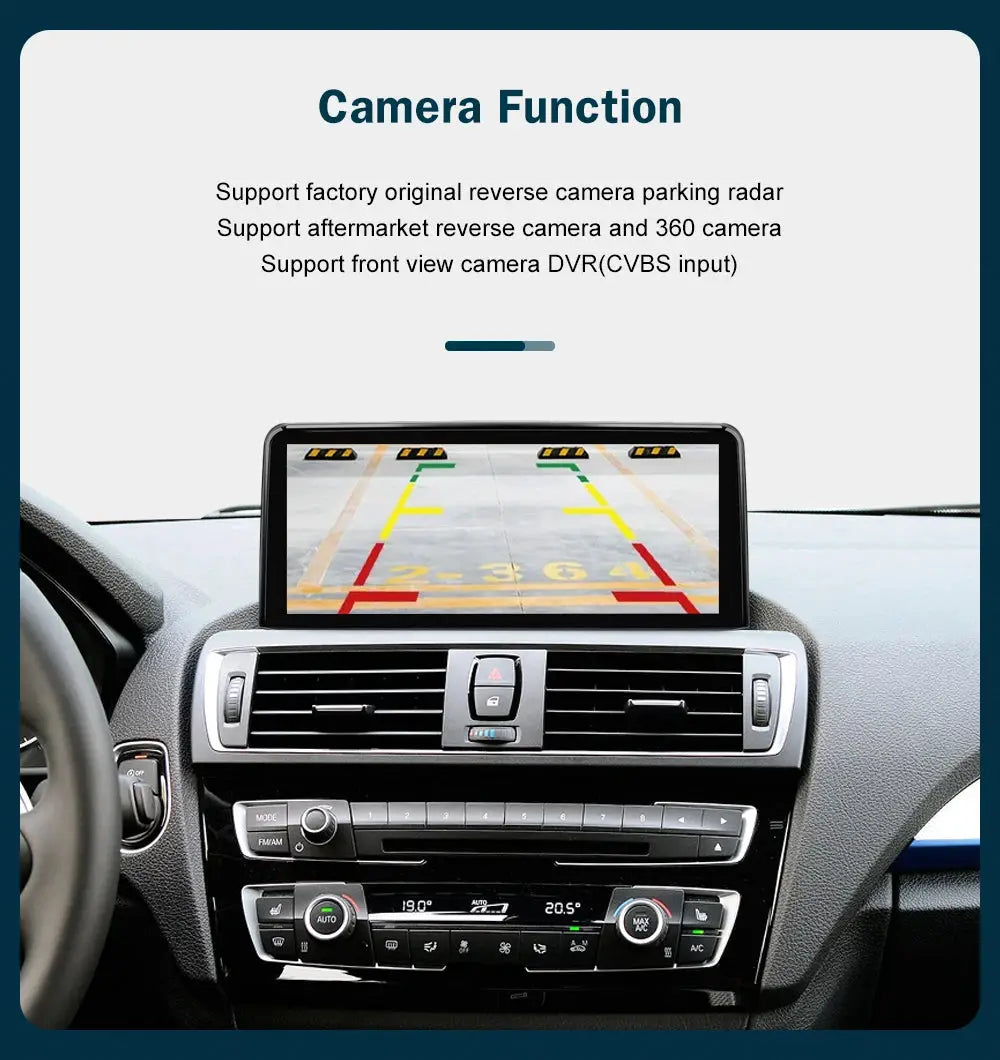 BMW wireless CarPlay/Android Auto multimedia display screen in-dash; rearview camera with parking guidelines.