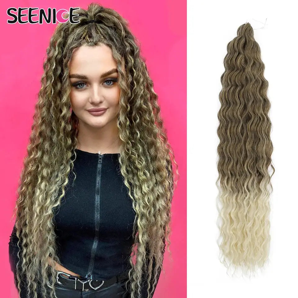 Ariel Curl Water Wave Twist Crochet Hair; ombre blonde deep‑wave crochet braid extension with SEENICE logo