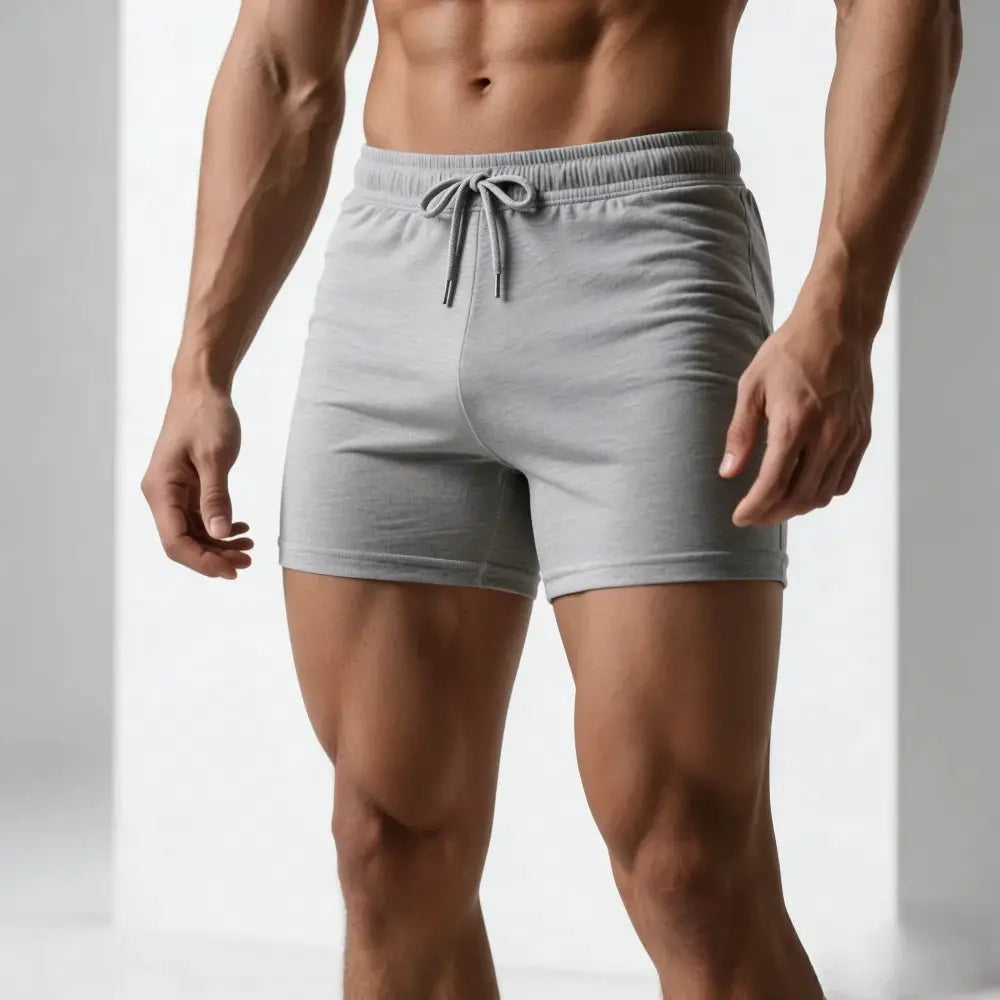 Men's grey breathable gym shorts with drawstring, athletic shorts for running and home leisure