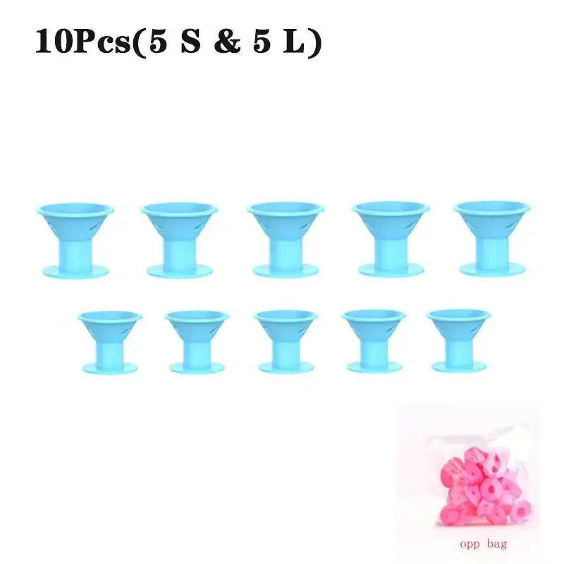 Hair curlers silicone heatless set, 10 blue pieces (5 small, 5 large) with pink OPP bag