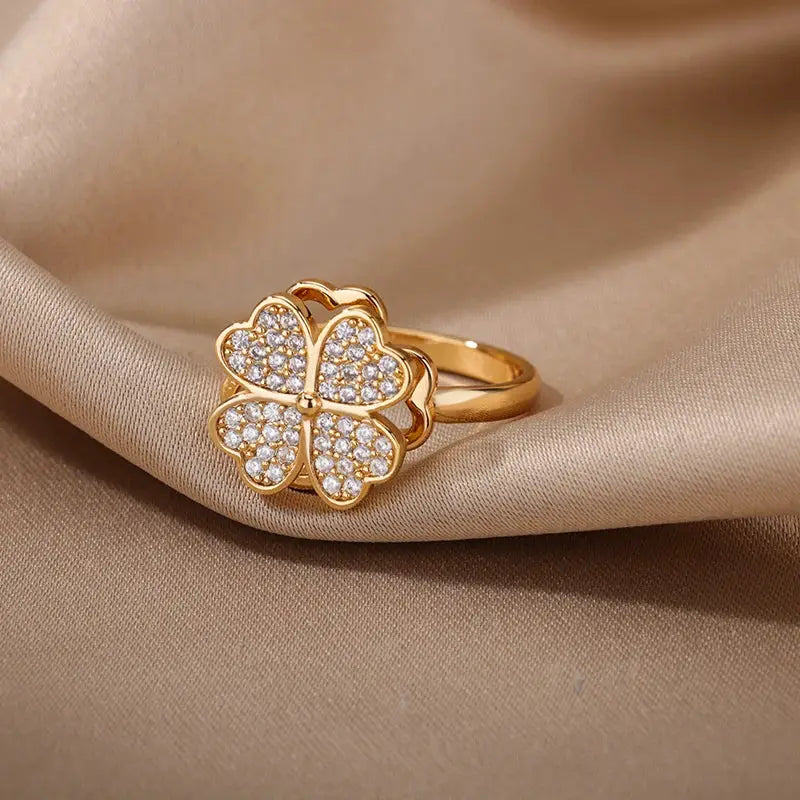 Spinner Zircon Heart Four Leaf Clover Ring For Women Stainless Steel Anti Stress Fidget Jewelry Christmas Gift