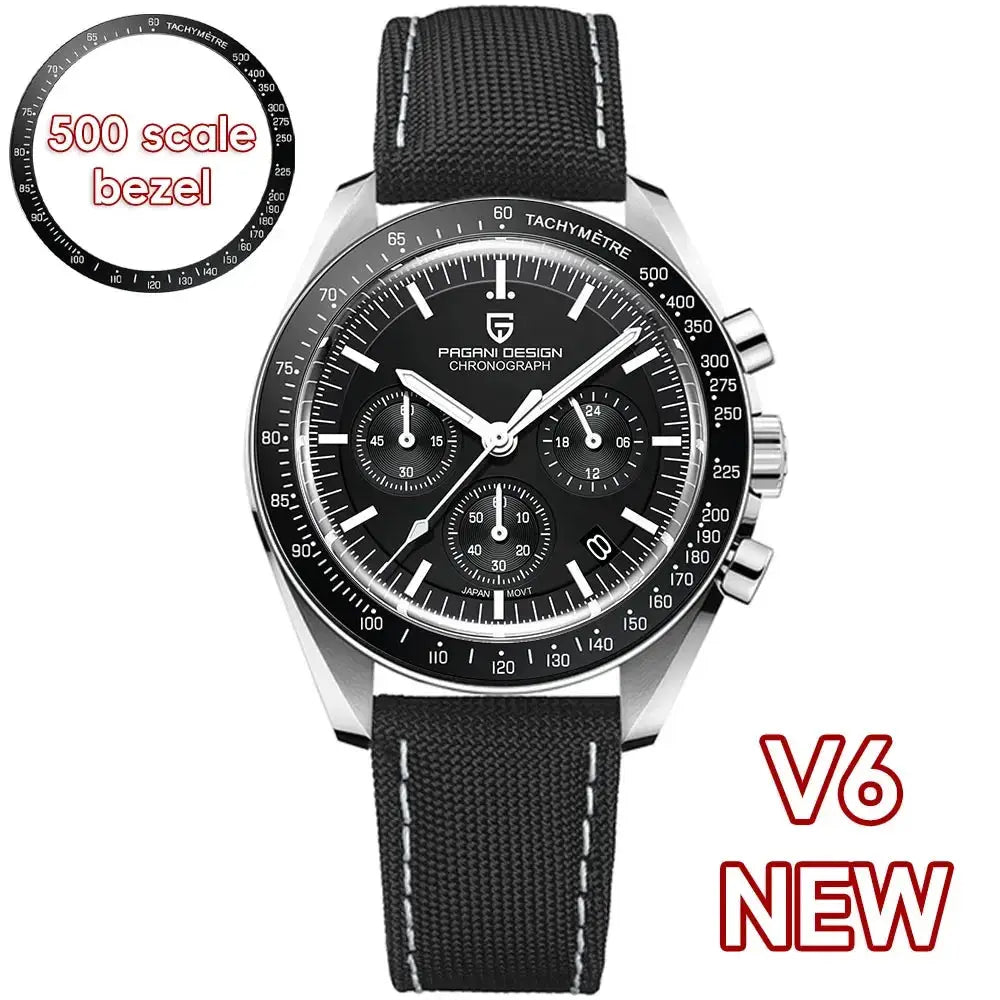 Pagani Design 1701 V5 men's chronograph watch with black dial, tachymeter bezel, steel case, black fabric strap.