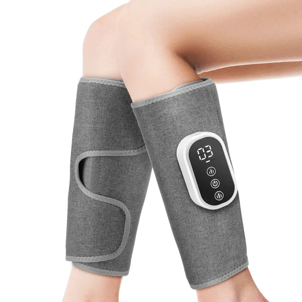 Electric calf massager by Simples Market with three-level airbag compression and wireless control on gray fabric sleeve