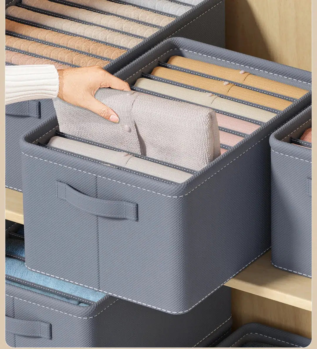 Thickened pants storage box foldable 9-grid wardrobe organizer in grey fabric with white stitching for jeans and shirts