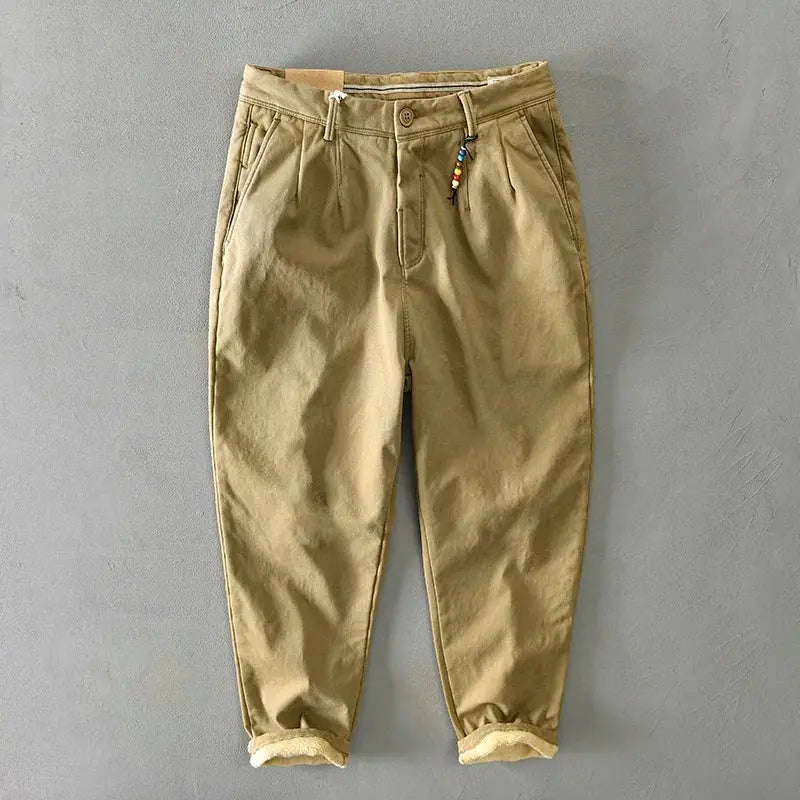 HIQOR men's winter pants, khaki cotton with fleece-lined cuffs