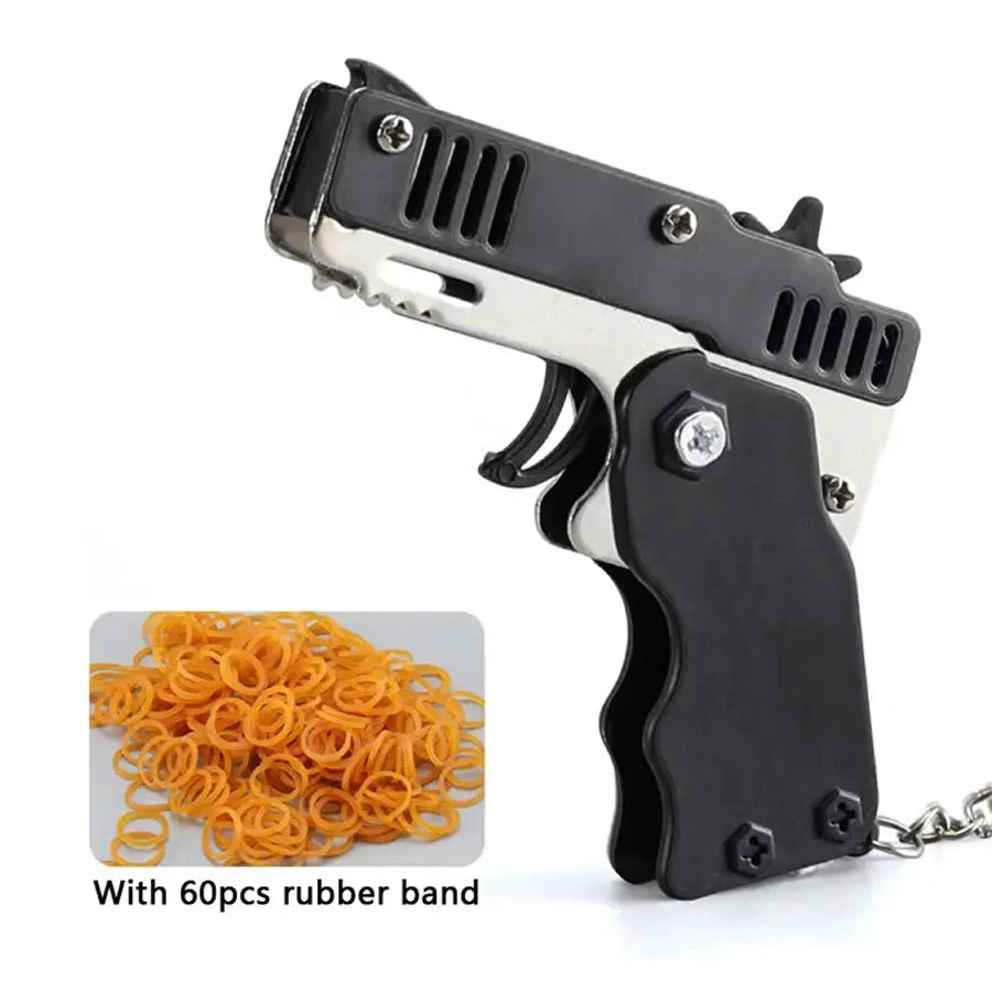Metal Burst Rubber Band Toy Mini Folding Launcher With Keychain And 60 Rubber Bands Ideal Christmas Gift