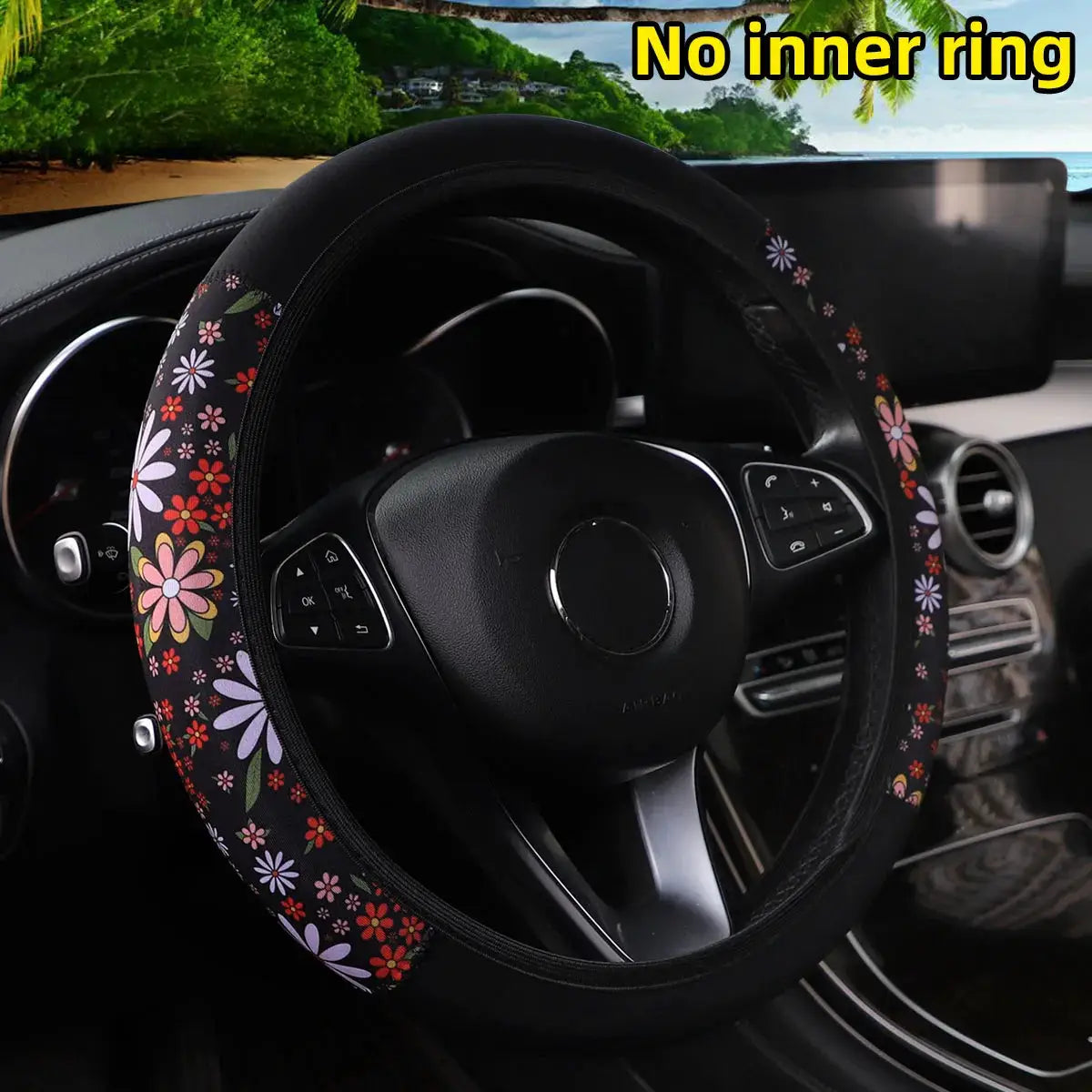 Simples Market 38cm floral steering wheel cover, black with cherry blossom and chrysanthemum print; no inner ring.