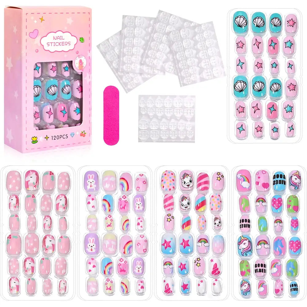 KawaiiKidz Kids Cartoon Press On Nails Acrylic Full Cover Short False Nails Safe Easy To Apply Jelly Glue 120Pcs