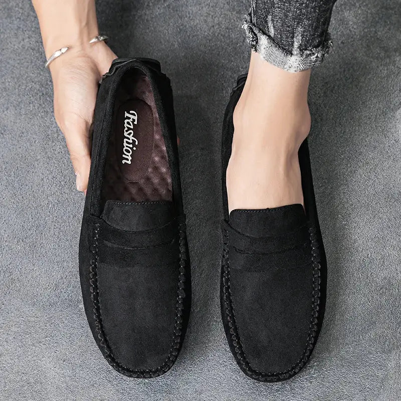 Men's black suede loafers, slip-on driving shoes with moccasin stitching and Fashion logo insole.