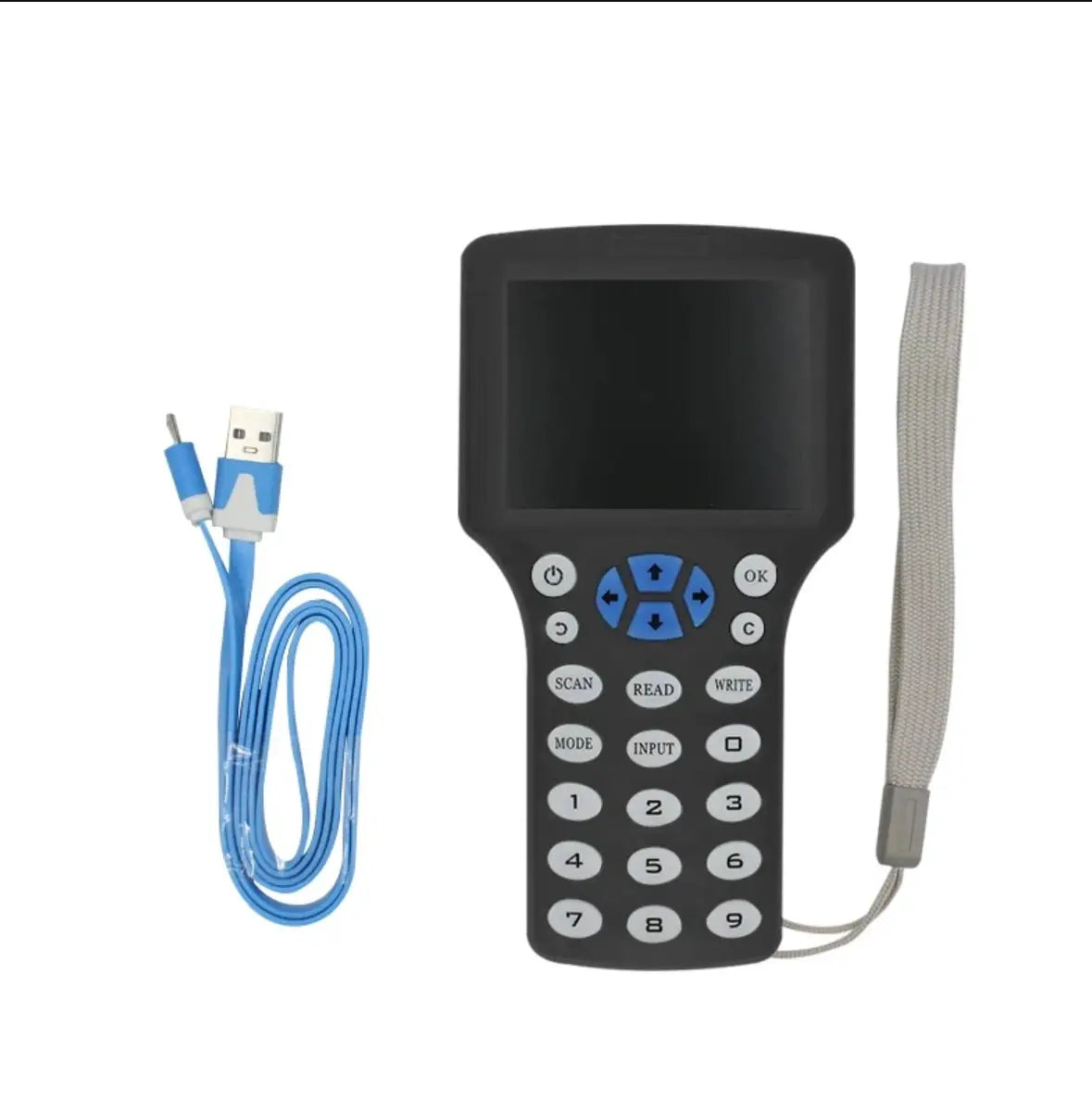 NFC smart card reader/writer by Simples Market, black handheld with blue USB cable and wrist strap