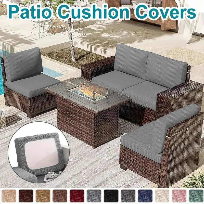Patio sofa cushion covers in grey waffle jacquard, waterproof polar fleece slipcovers for outdoor wicker set