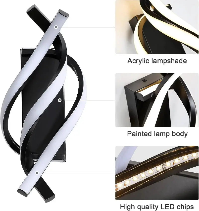 Curved spiral LED wall lamp by Simples Market, black painted body with acrylic lampshade, warm white LEDs