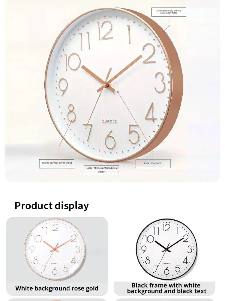 8 inch mute wall clock with rose-gold frame, white dial, gold numerals and hands, quartz movement