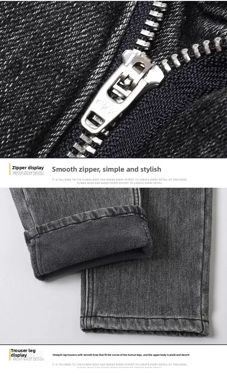 Winter warm jeans for men, Simples Market, dark denim with metal zipper.