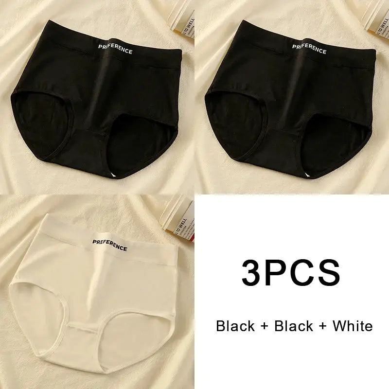 3PCS cotton high-waist panties set in black and white with Preference waistband