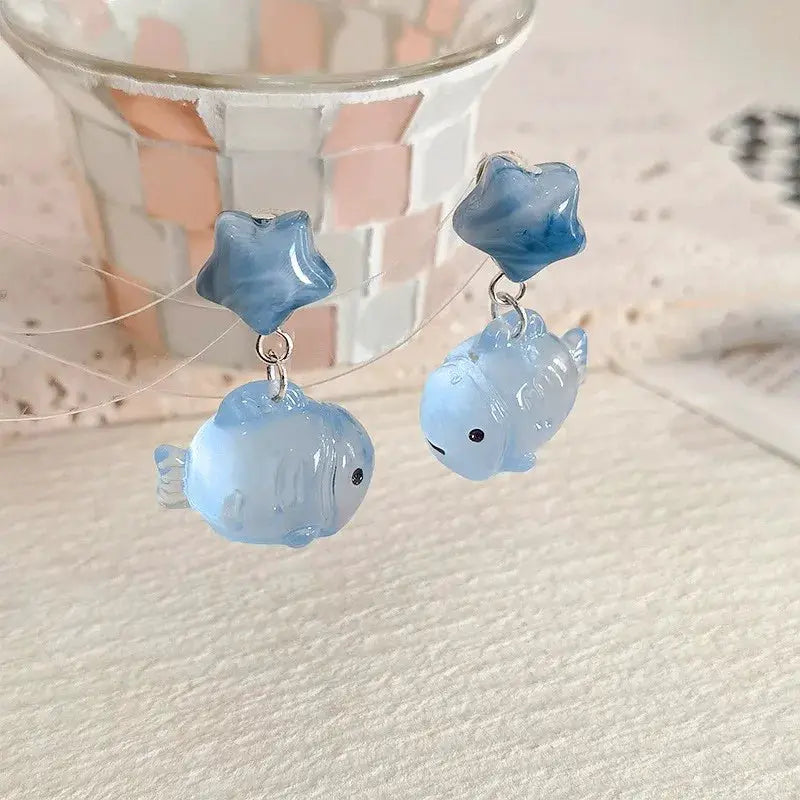 Blue translucent goldfish drop earrings; pair with koi fish pendants and star-shaped tops