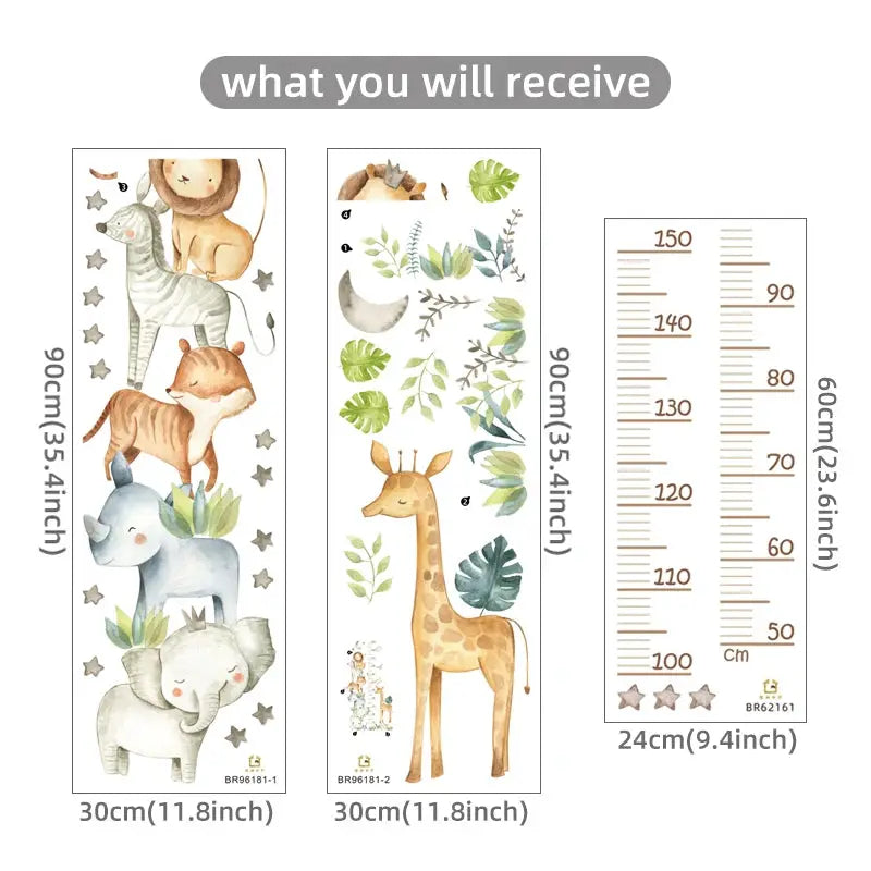 3pc cartoon animal height ruler wall stickers; two panels and a 150 cm ruler, waterproof removable PVC for kids.