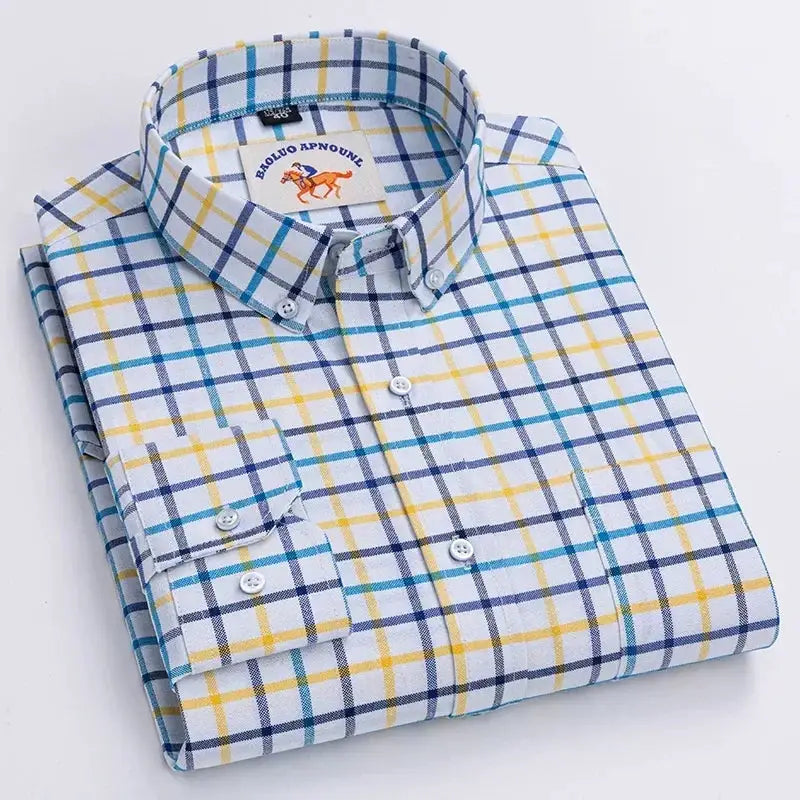 Simples Market men's pure cotton oxford shirt, white with blue-yellow plaid, long sleeve, button-down.