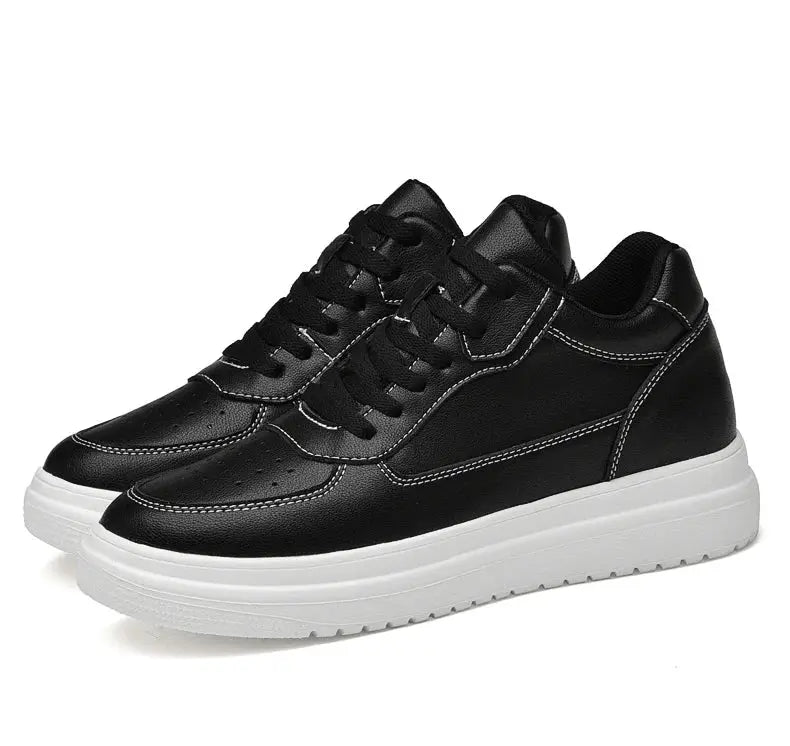 Simples Market men's black leather elevator sneakers with white sole, casual fashion shoes