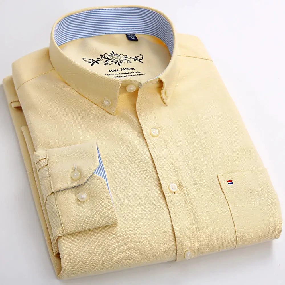 Simples Market men's pale yellow long-sleeve Oxford shirt with single patch pocket and button-down collar