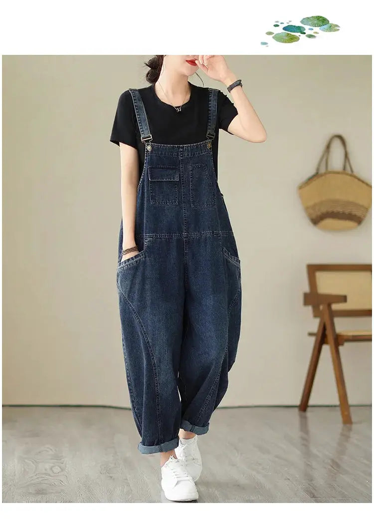 Denim overalls with bib suspenders, blue cargo pockets, loose fit - Simples Market 6223