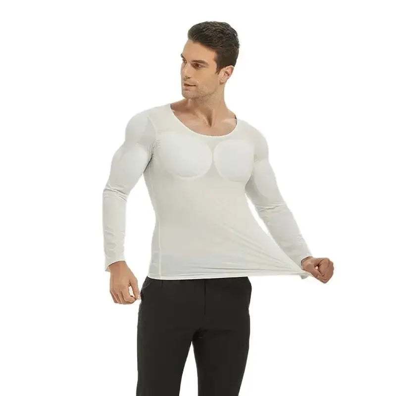 3D fake muscle T-shirt for men; white compression undershirt with chest and arm muscle illusion