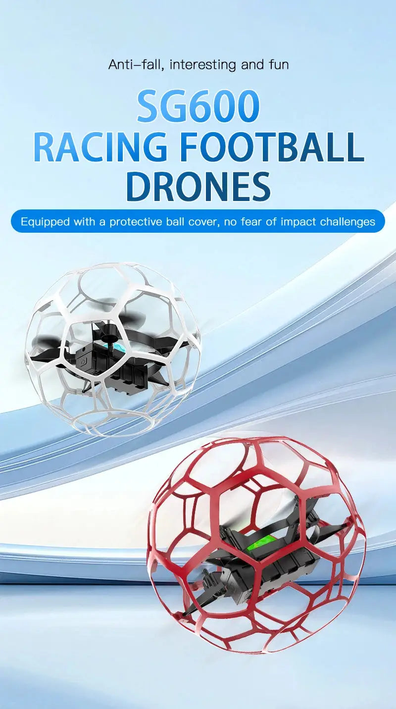 SG600 Racing Football Drones by Simples Market: white and red protective-sphere quadcopters (2) with brushless motors