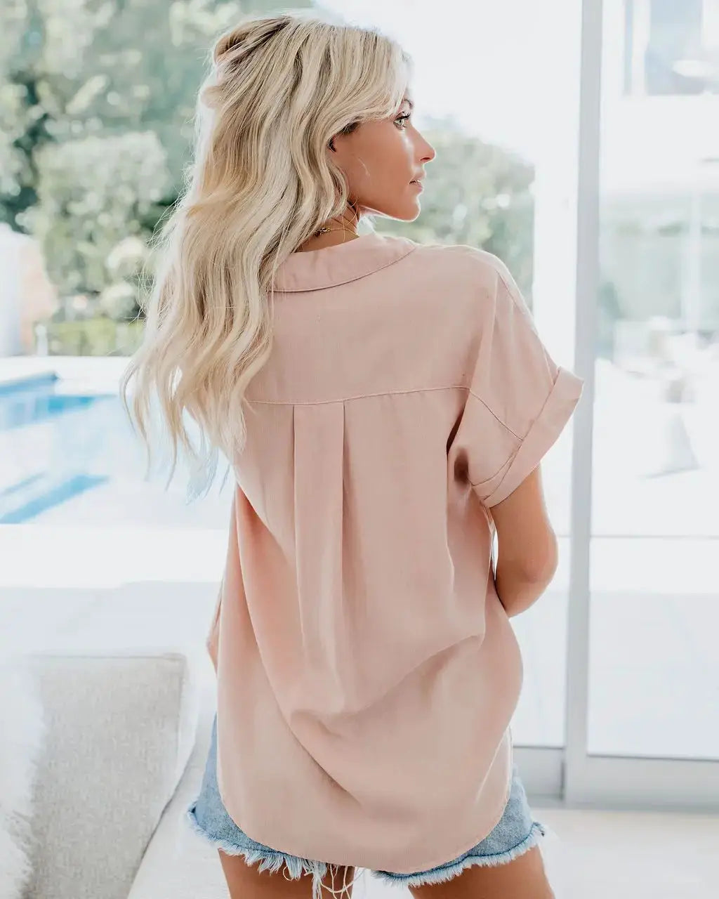 Women Elegant Blouse Short Sleeve Turn Down Collar Loose Tunic Tops