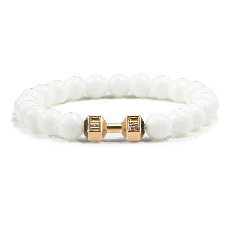 Natural Volcanic Stone Bracelet For Men And Women Matte Black Lava White Beads Dumbbell Charm Strand Fitness Jewelry