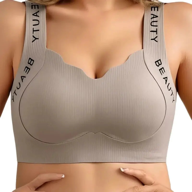 Ribbed beige wireless bra with wave neckline and wide straps