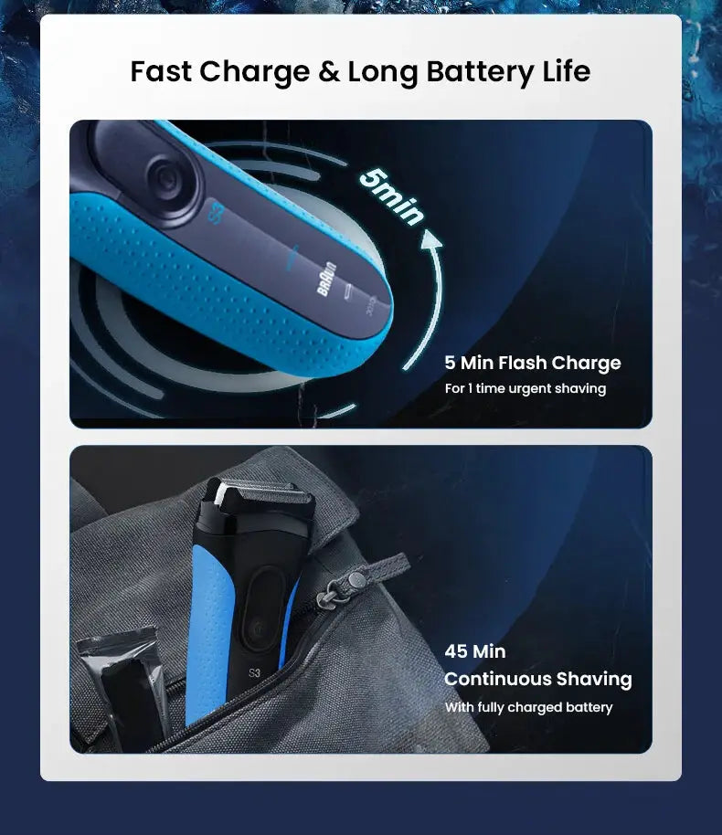 Braun electric shaver 3 Series ProSkin 3040S blue with trimmer, 5-min quick charge, 45-min cordless shaving.