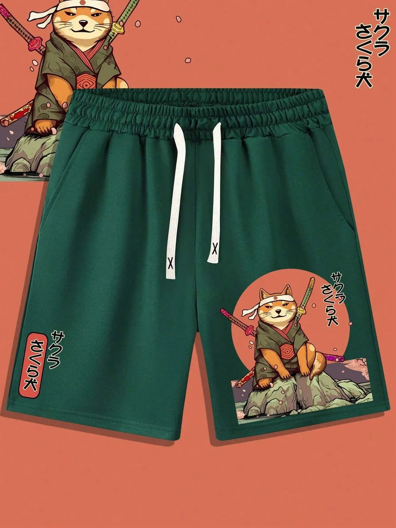 Shorts: green quick-dry swim trunks with white drawstrings and 3D anime samurai cat patches by Simples Market