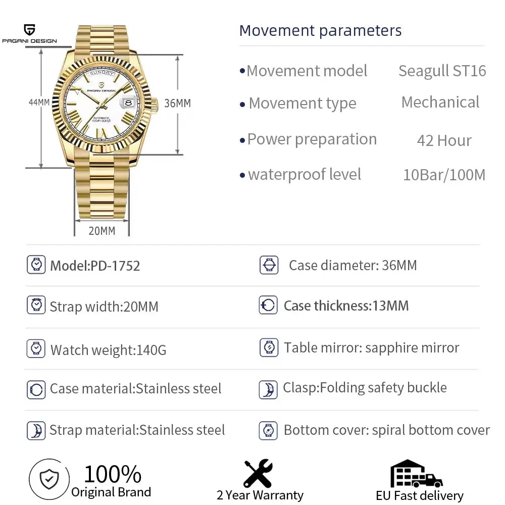 Pagani Design gold men's watch PD-1752 with stainless steel case and bracelet, 10Bar water resistant